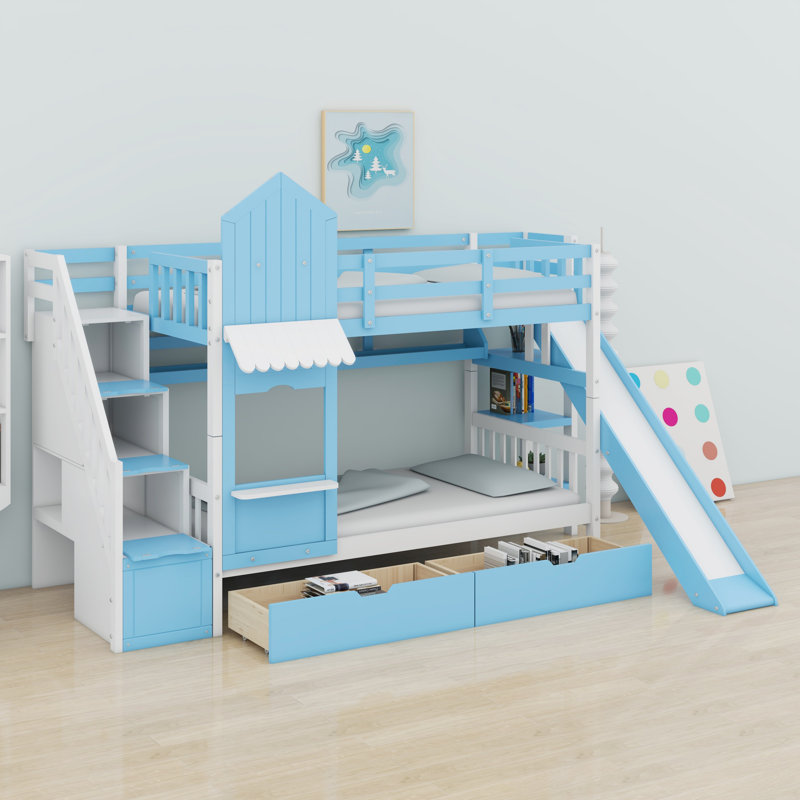 Lit superposé de style château avec 2 tiroirs, 3 tablettes et glissade, Bleu