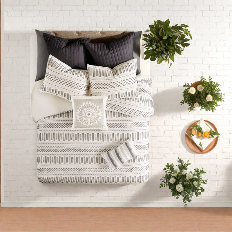 Ensembles de literie confortables en coton jacquard fermier ivoire anthracite