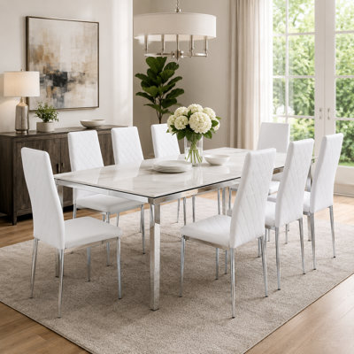 Aniesha Modern Faux Leather Dining Chairs Set of 8, Diamond Quilted High Back Side Chairs with Slim Chrome Metal Legs