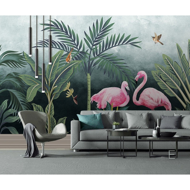 Papier peint exotique tropical Flamingo Jungle, L 35,04 po x l 55 po