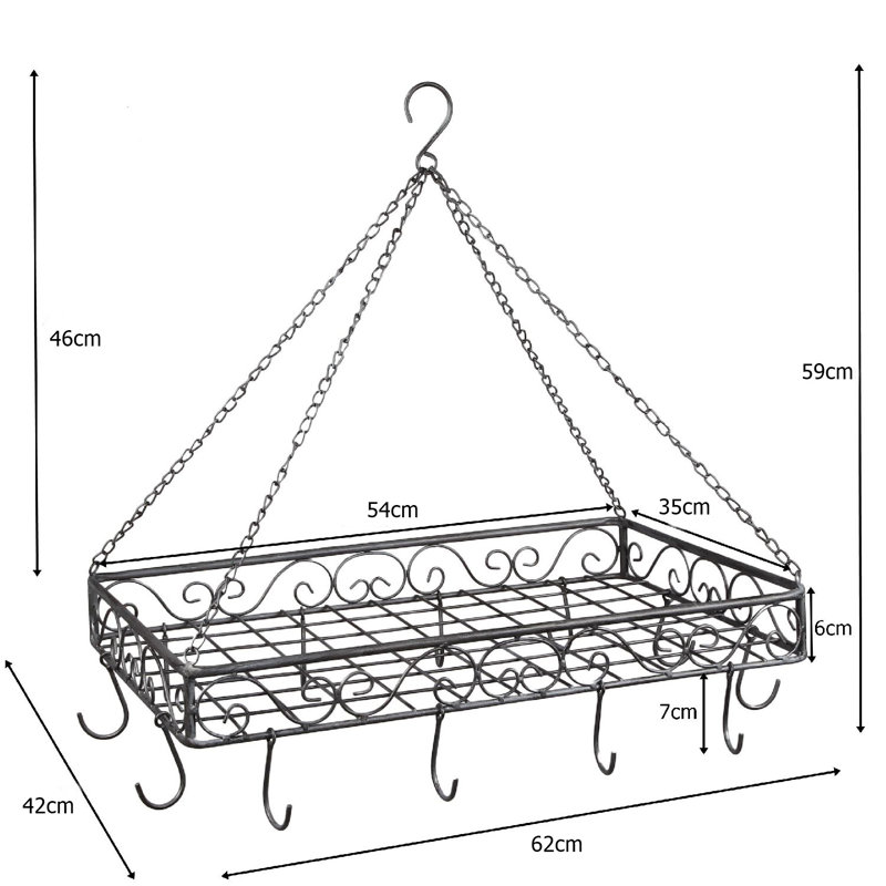 Metal Handcrafted Rectangle Hanging Pot Rack, 62cm W x 42cm D