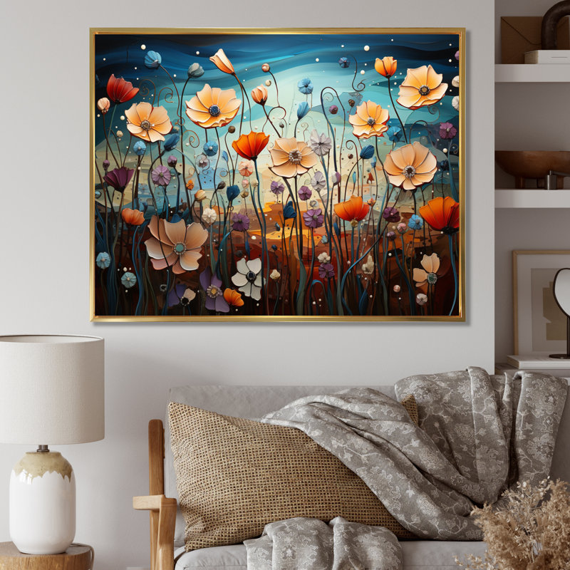 "Floral Rhapsody Pointillism Dot", reproduction d'art sur toile, Cadre flottant doré, H 34 po x l 44 po x P 1,5 po