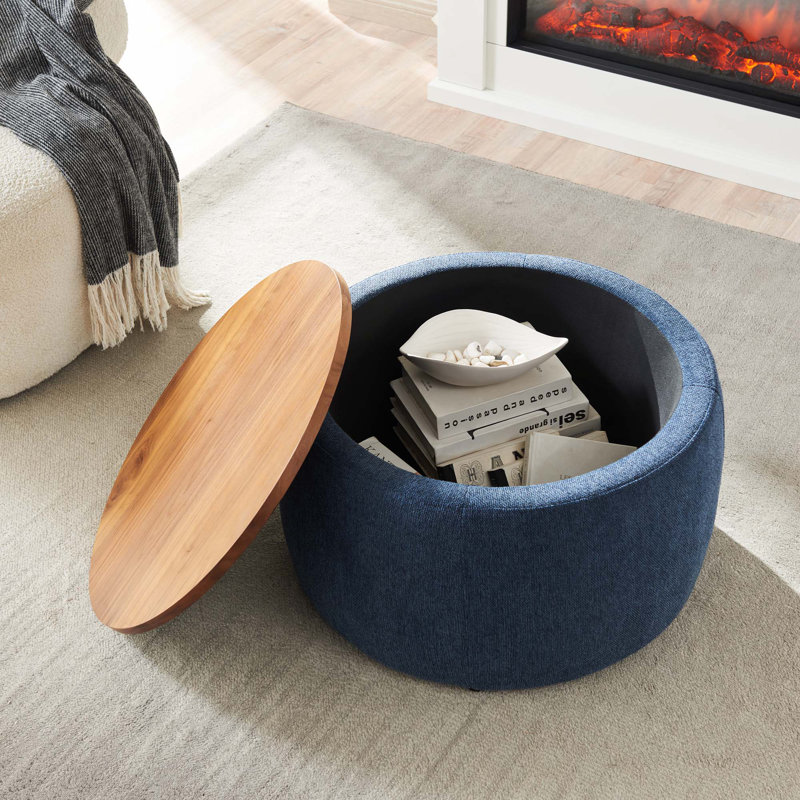 Repose-pieds rond avec rangement, fonction 2 en 1, table de bout et repose-pieds, Marine, Brun