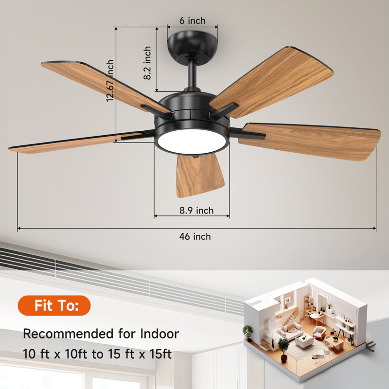 Ayan 46" W Dimmable LED Ceiling Fan, Black with Walnut/Black Blades