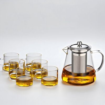 Glass teapot set with six teacups with removable strainers, a 8-piece tea set, a floral and loose tea pot and cup set, and a thick, heat-resistant teapot