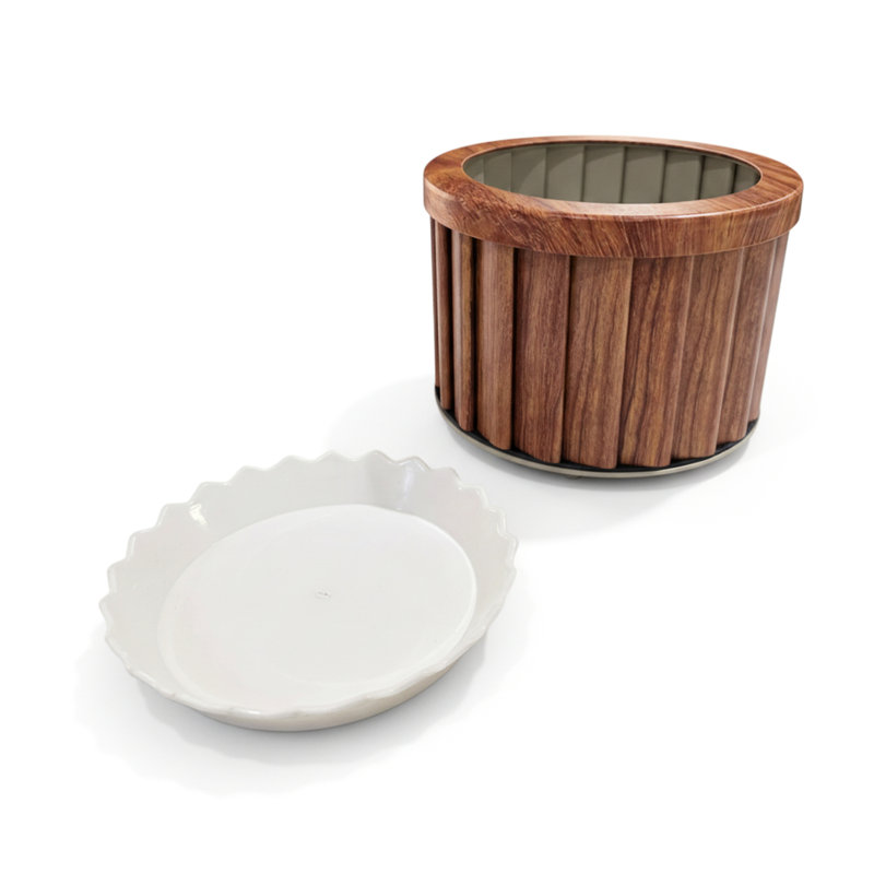 Pot à fleurs rond brun moyen en aluminium, avec drainage prédécoupé pour l'évacuation de l'eau, finition de ton de bois moderne et plateau interne à conserver, profondeur / largeur de 8,5 po, hauteur de 6,37 po, 2,97 lb