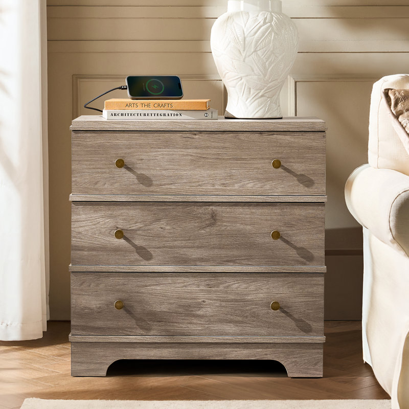 Table de bout moderne à 3 tiroirs avec station de charge intégrée Mastin, Gris