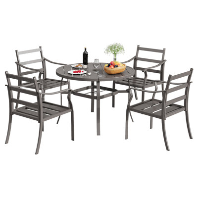 5-piece Round Outdoor Patio Dining Set, 4 Metal Slat Chairs & Round Table With Umbrella Hole, All-weather Outdoor Furniture For Backyard, Garden And Poolside