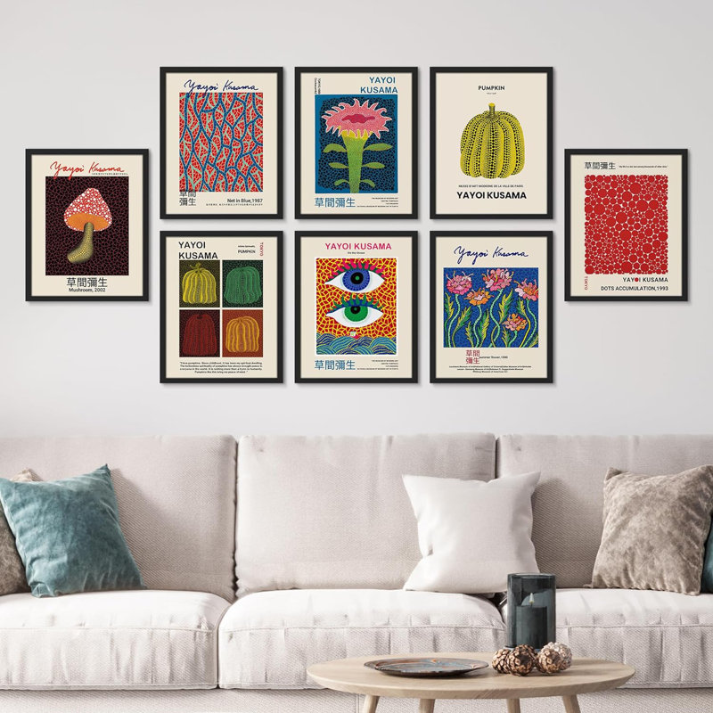 " Mushroom Abstract Botanical Blue Red Dots Japanese Pumpkin By Yayoi Kusama " 8 - Pieces, Black, 16" H x 12" W x 1" D