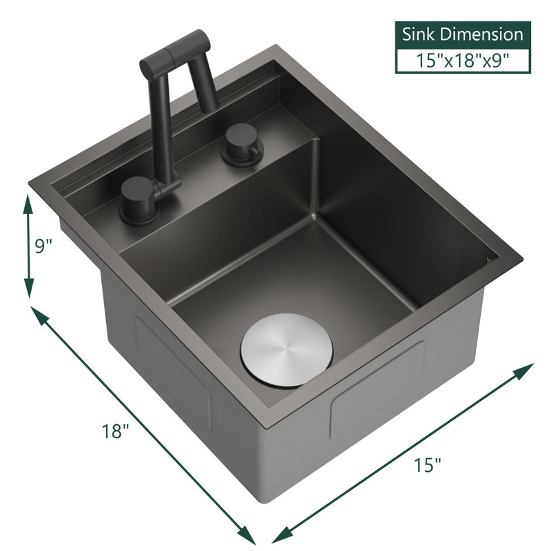 RV Kitchen Sink, 15 x 18 x 9 Inch Undermount Bar Sink with Faucet Cutting Board, Dark Gray