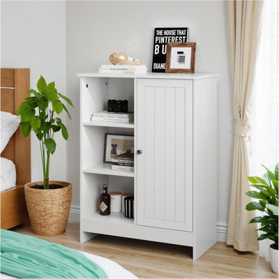 White Freestanding Storage Cabinet With 3 Open Shelves & Concealed Cupboard - Adjustable Floor Unit For Bathroom, Kitchen, Living Room, Or Home Office Organization (23.6" W X 11.8" D X 31.5" H)