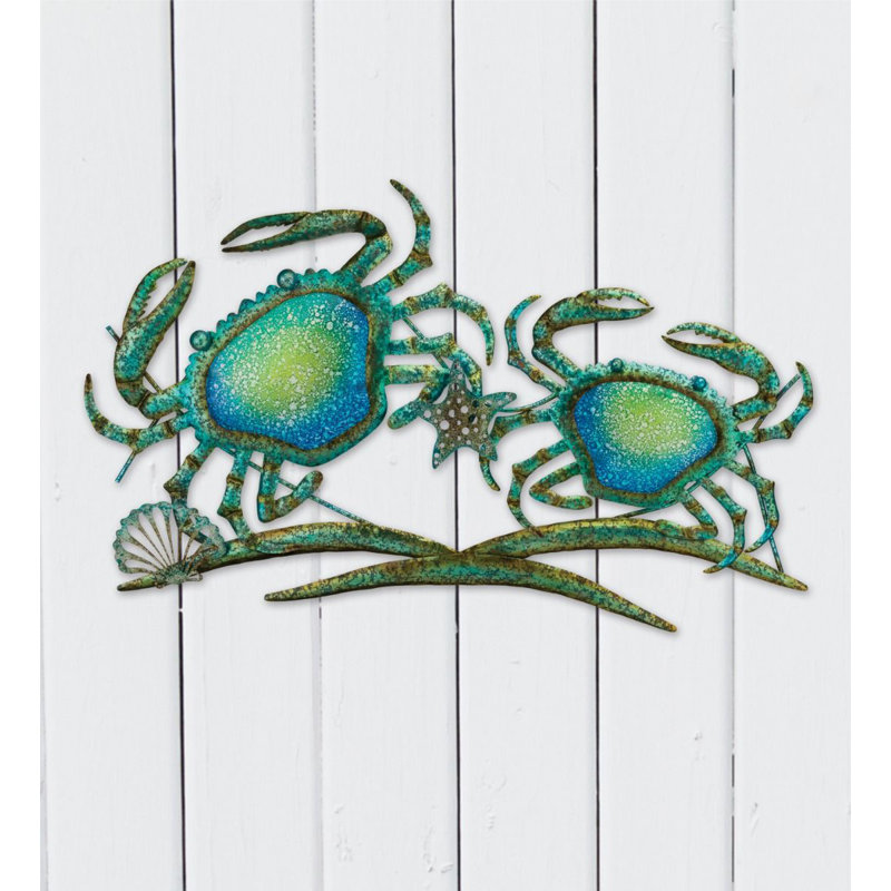 27.5" Blue and Green Metal and Glass Coastal Crab Wall Decor