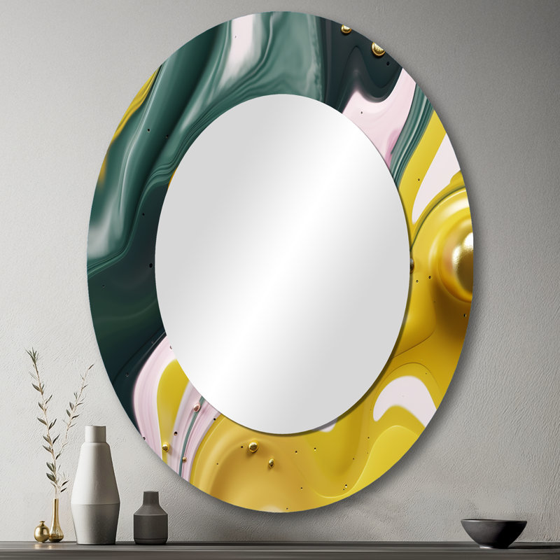 Jaune et vert pierre fluide II - miroir décoratif ovale abstrait sur métal, 43 po x 33 po