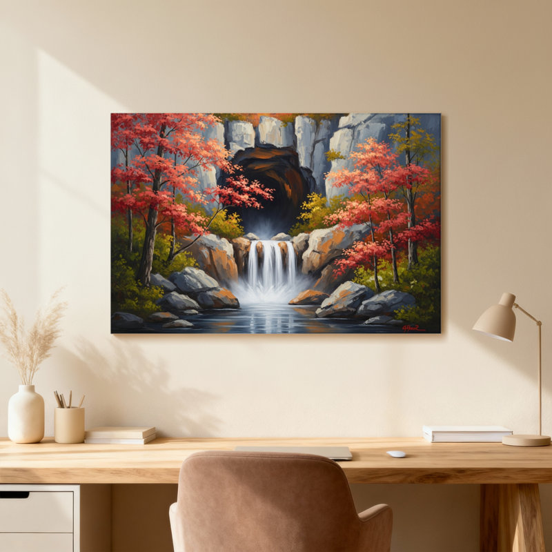 Plantes et fleurs, arbres d'automne, chute d'eau, roches, ruisseau de montagne, toile, H 20 po x l 30 po, Noir