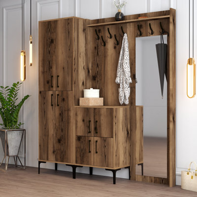 Rustic Walnut Hall Stand with Metal Legs & Handles, 70.9 x 78.7 x 13.8 inches | 100% Melamine Coated Particle Board, Wall-Mounted Hanging Coat Rack, Multiple Shelves for Organized Entryway, Traditional Design