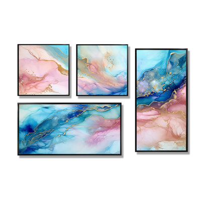 Rose et bleu, lever de soleil sur glacier I - formes abstraites sur toile, 4 pièces