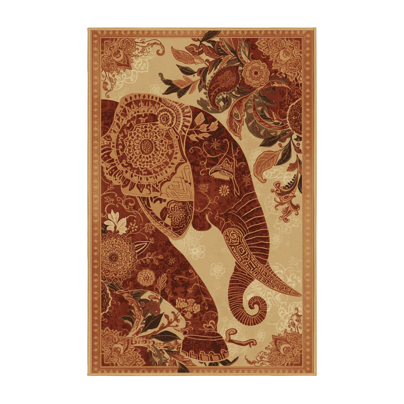 Tapis oriental moelleux et doux à motif d'éléphants en brun - reliure brun clair, 5 x 7