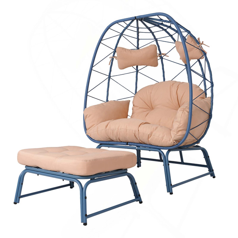 Méridienne à double siège en osier avec repose-pieds et coussin pour balcon, jardin et cour, Rose clair, Bleu
