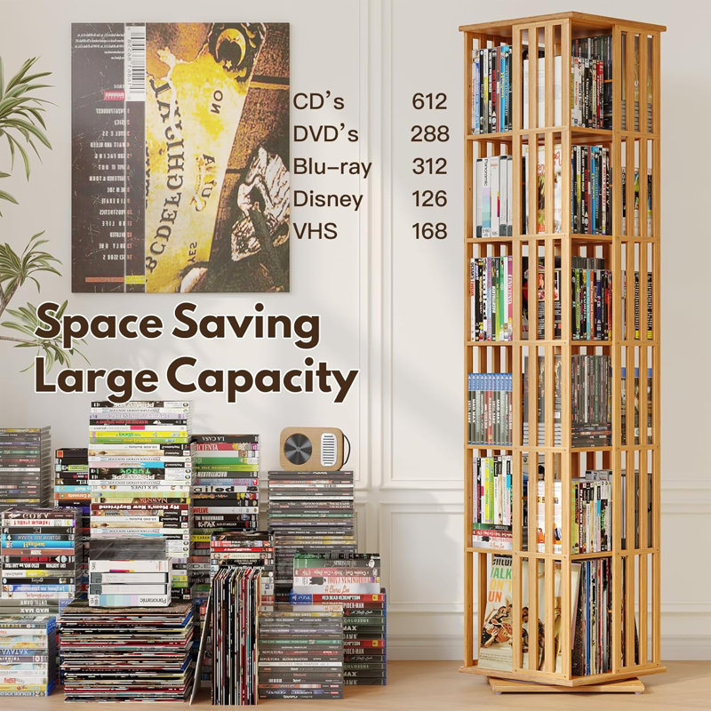 Tablette pivotante à 360 ° pour CD / DVD en bambou - Armoire de rangement compacte à 6 niveaux