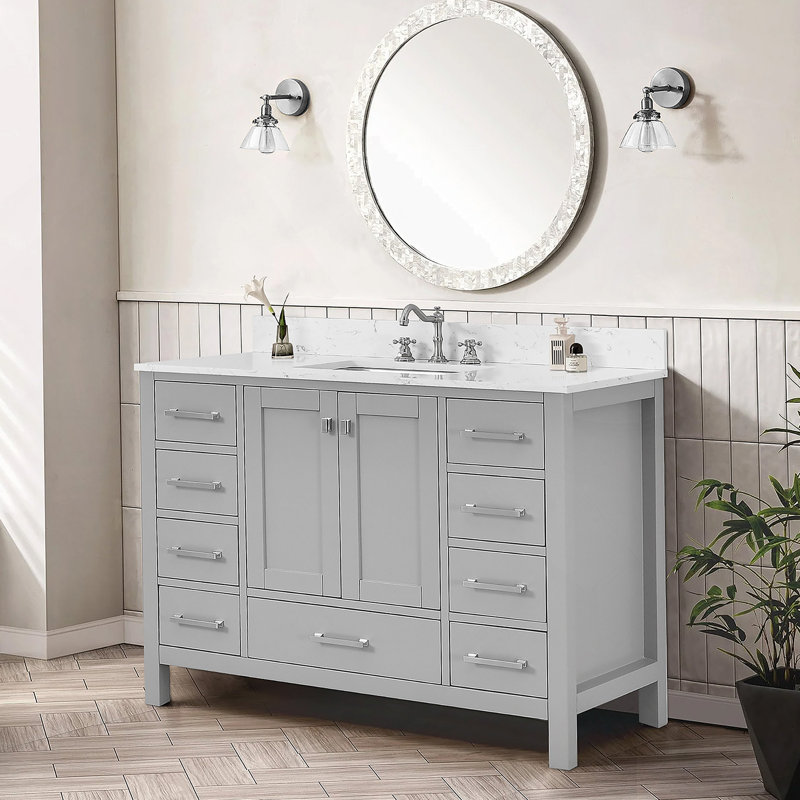 Meuble-lavabo sur pied 48 po, meuble-lavabo autoportant avec comptoir, armoire de rangement en bois massif gris
