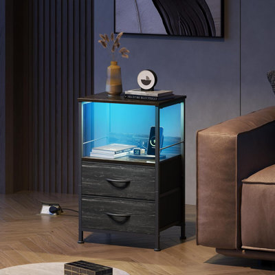 Gwytha Farmhouse Nightstands with Charging Station and LED Lights, Bedside Tables With 2 Drawers and Open Shelf, USB Ports And Outlets