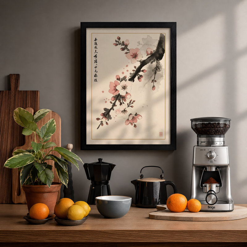 Moonlit Cherry Blossom Japandi - Framed Print, Black, A3 - 42.0 x 29.7 cm