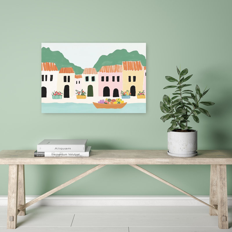 «Colorful Coastal Village», impression d'art contemporain abstrait, H 16 po x l 24 po