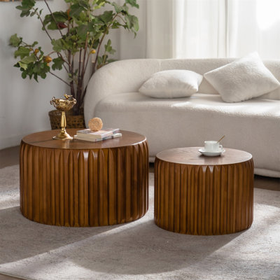 Set of 2 Fluted Round Coffee Table - Solid Wood & MDF Nesting Center Table , Mid-Century Modern Wood Coffee Table for Living Room/Apartment