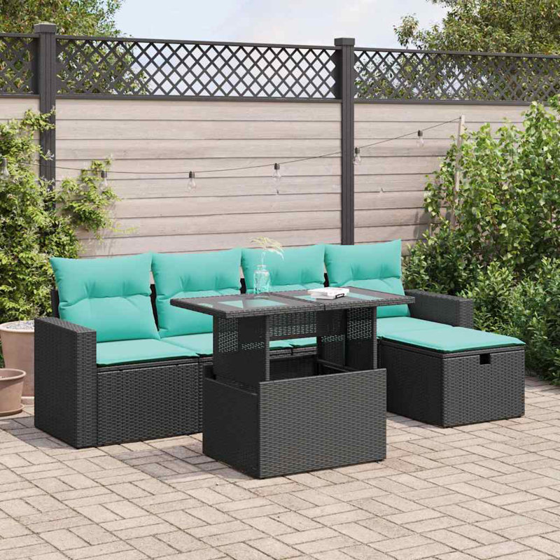  Ensemble de canapé de patio 6 pièces avec coussins en rotin polyacacia, Vert, Noir