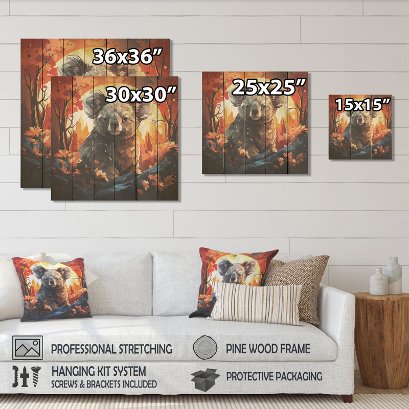 Koala Fiery Sunset II - animal koala sur bois, H 30 po x l 30 po