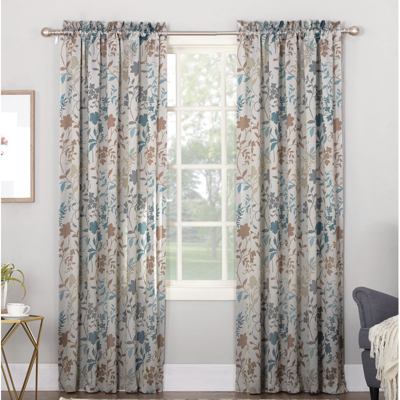 Auburn Floral Print Room Darkening Rod Pocket Curtain Panel, Stone, 54"W x 84"L