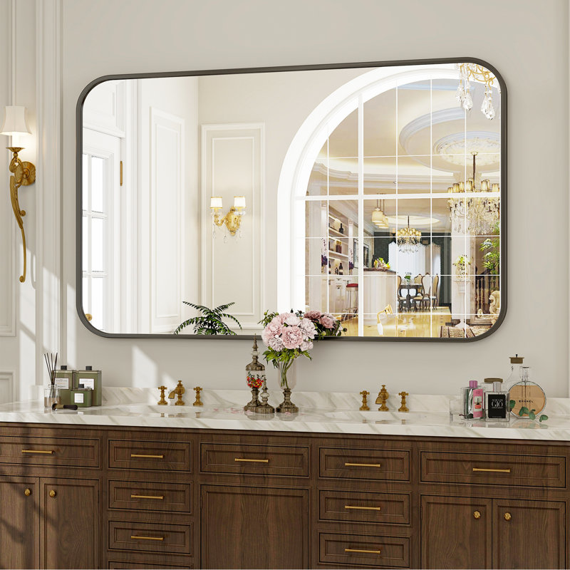 Odean Rectangle Metal Large Wall Mirror, 47" x 29", Black