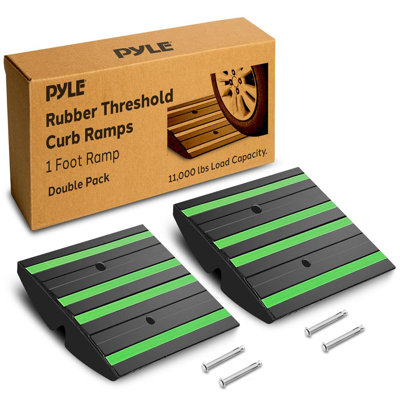 Pyle 1 Ft. Rubber Threshold Curb Ramp - Heavy Duty Non-Slip Rubber, Easy Mounting With Expansion Screws, Green Reflective Strips - Ideal For Driveways, Sidewalks, And Vehicle Ramps - 12.0"X16.0"X 2.6"