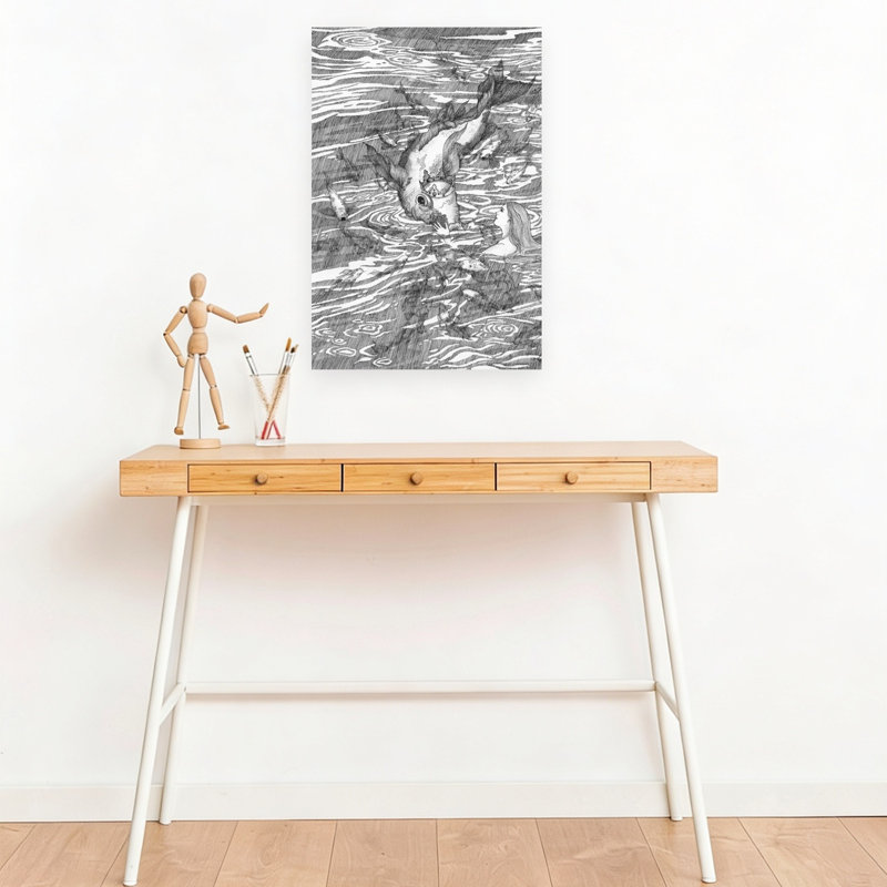 Femme et poisson couronné, art mural serein et fantaisiste, 18" H x 12" W
