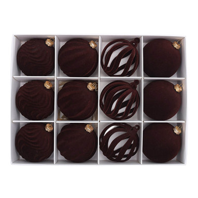 12 Pcs Velvet Christmas Balls  Flocked Christmas Tree Ornaments Plastic Balls Xm - Shatterproof Coffee Hanging Decor for Holiday Party Festival Ornaments Beautiful Premium Festive Indoor