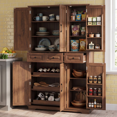 Kitchen Pantry Cabinet with 3 Pull Out Tray, Farmhouse Embossed Texture Storage Cabinet with 6 Door Racks
