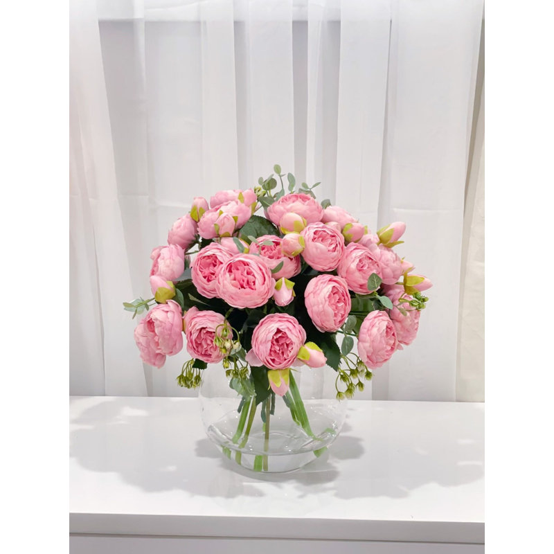 White Peony Faux Centerpiece In Glass Vase, Pink