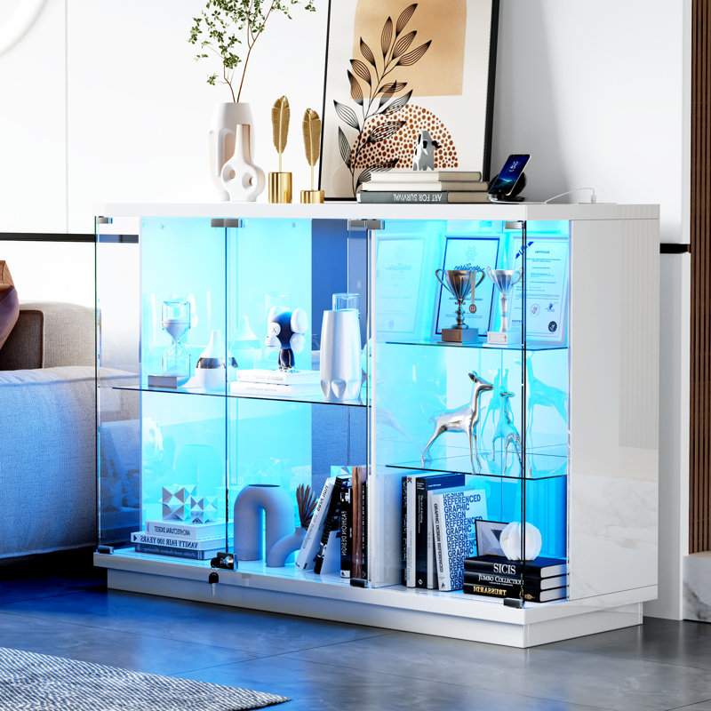 Premium Display Sideboard with Tri-Color Sensor, Removable Glass Shelves and Lock, White