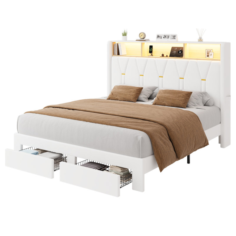 Lit plateforme tapissier moderne en velours avec tête de lit à oreilles, station de charge, lumières DEL et 2 tiroirs, Queen