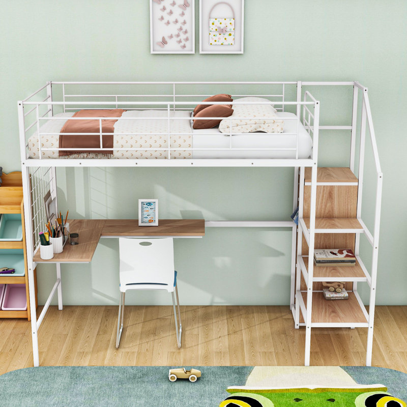 Metal Loft Bed With LED Lighting, Built-In Desk,Staircase, And Wardrobe, Twin, White