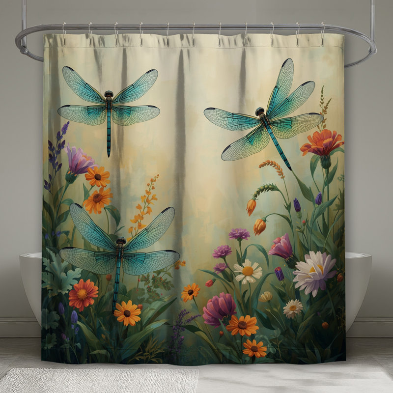 Rideaux de douche libellules avec fleurs colorées extra long, L 70 po x H 93 po