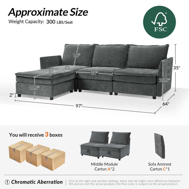 Cheltenham 97"W Modern Oversized Storage Sectional Sofa with Ottoman, Gray 