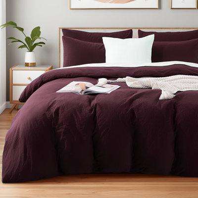 NEXHOME PRO Duvet Cover Set Queen Size Linen Look Textured 100% Washed Cotton Duvet Cover Burgundy Dark Red 3 Pieces Bedding Set with Zipper Closure,Breathable, Soft Organic Natural(No Comforter)
