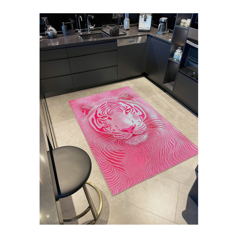 Tapis décoratif tissé à motif tigre rose lavable à la machine, Rectangle 5 pi 1 po x 7 pi 7 po
