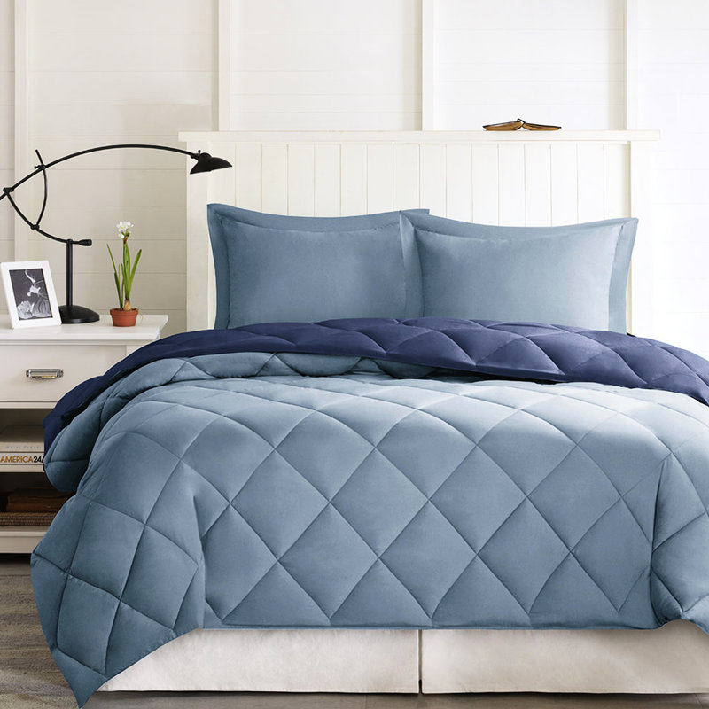 Édredon simple / simple TG avec rembourrage en flanelle et tissu 3M, Bleu marine/clair, Édredon simple + 2 taies décoratives