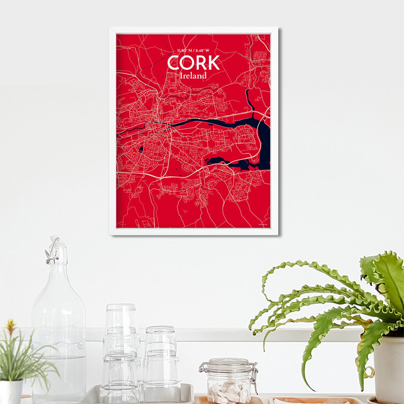 Cork City Map, impression, H 20 po x l 16 po, Rouge / bleu marine