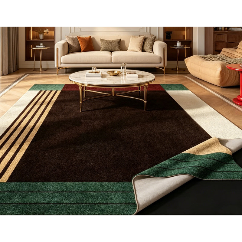 Double-Layer Removable Faux Wool Area Rug with Geometric Stripes, Modern Luxury Coffee Brown and Emerald Green Floor Mat for Living Room