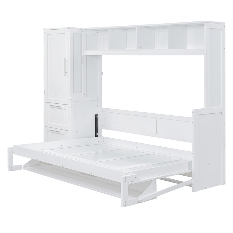 Lit escamotable double pleine grandeur avec placard et tiroirs, blanc, Blanc