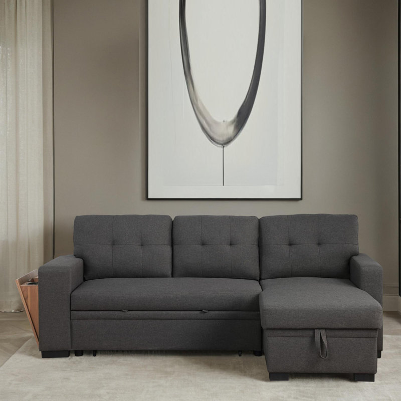 3 - Piece Upholstered Pull Out Sectional Sleeper Sofa With Storage Chaise, Dark Gray Linen Blend