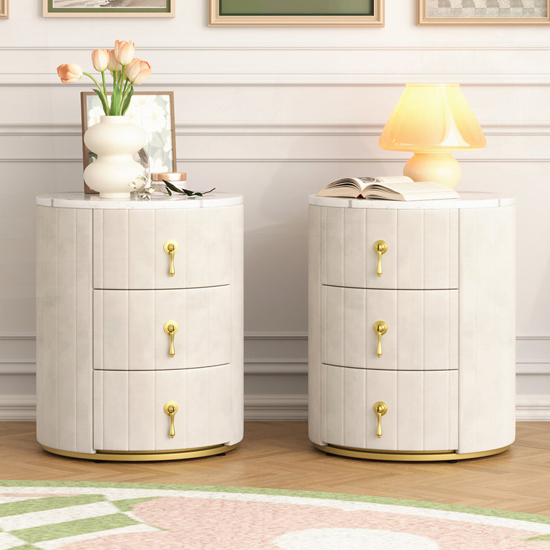 Table de chevet rembourrée à 3 tiroirs, Beige, Individuel